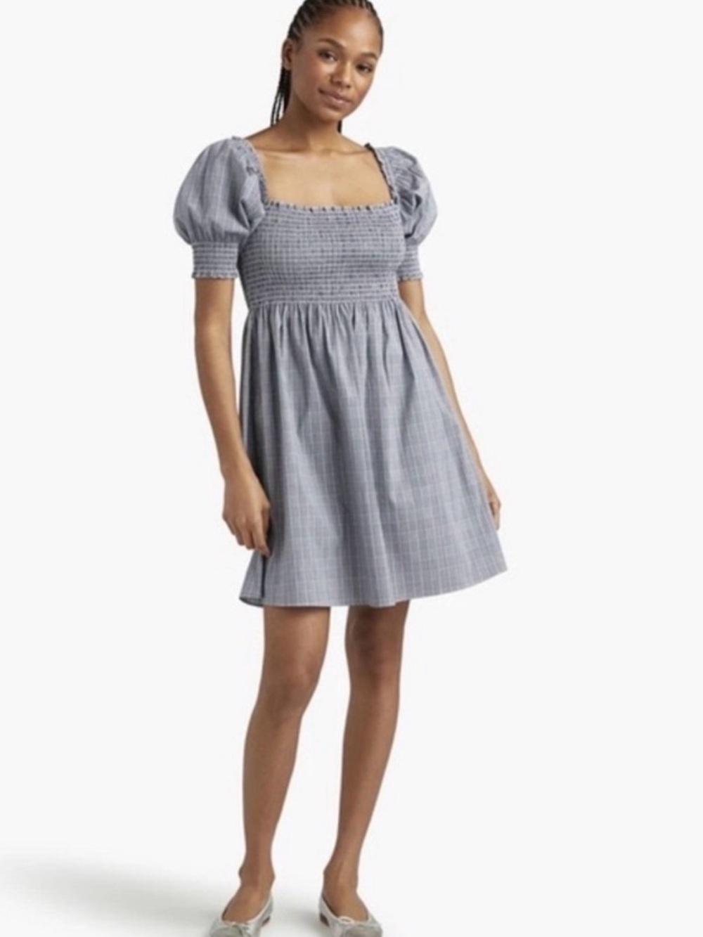 Hill House Athena Nap Dress In Tai Check Puff Sleeve Plaid Mini Dress Size Large